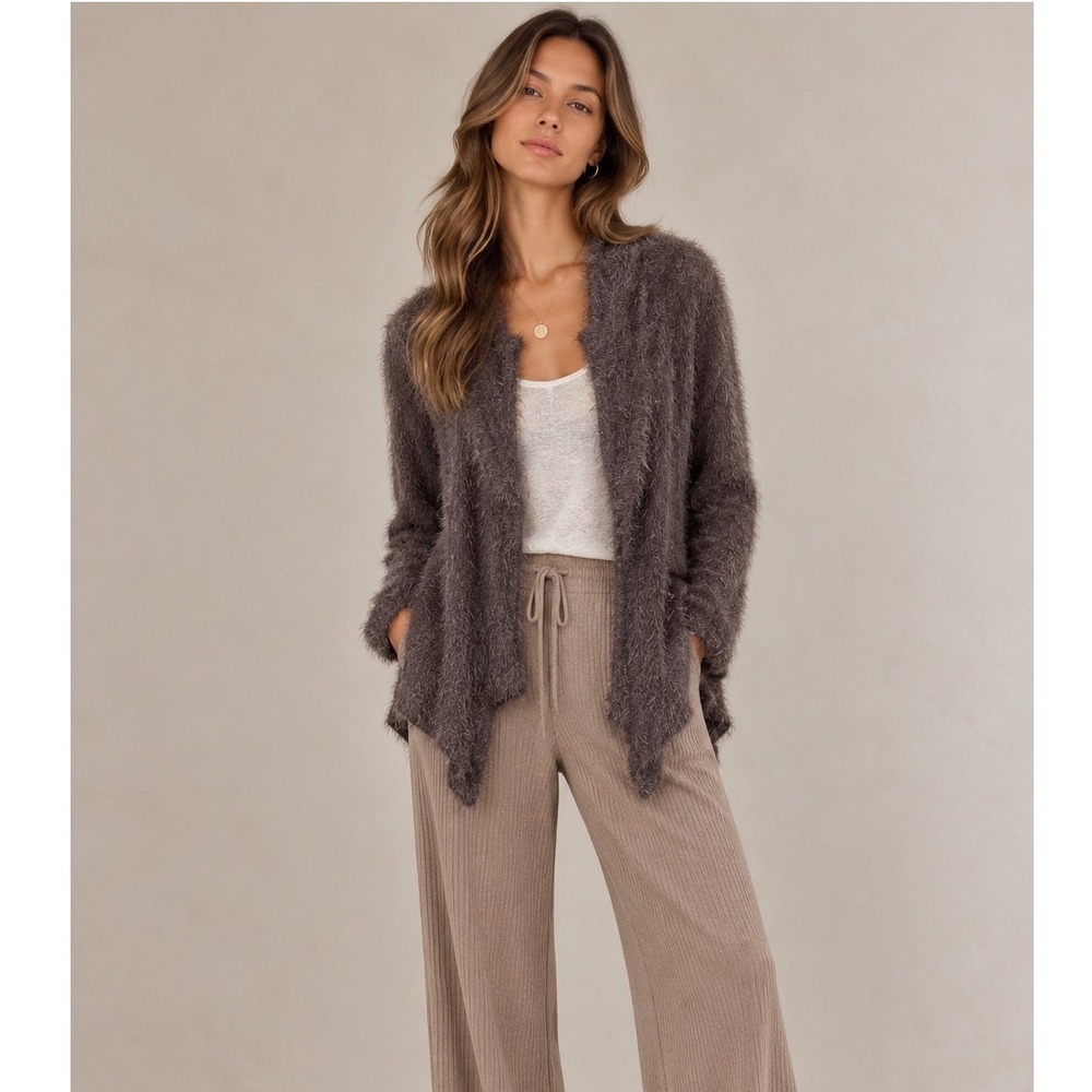 Alembika Gray Fuzzy Eyelash Knit Draped Open Front Cardigan Sweater, 3